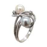 Ring 5,33g 585/- Weißgold mit 2 Diamanten zus. ca. 0,04 ct. und Perlen, Ringgröße ca. 58