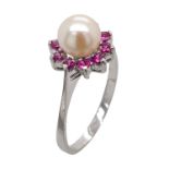 Ring 2,29g 750/- Weißgold mit Rubinen und Perle, Ringgröße ca. 51