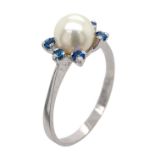 Ring 3,15g 750/- Weißgold mit Farbsteinen und Perle, Ringgröße ca. 58