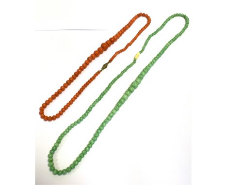 CORAL &amp; PEKING GLASS BEAD NECKLACES  Antique, 49cm long x 4.0-11.1mm graduated, polished coral bead necklace with navette