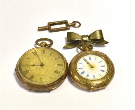 GOLD OPEN FACE POCKET WATCHES  One 34.0mm with finely chased and engraved 9ct gold case with gilt enamelled dial, stamped 9K,