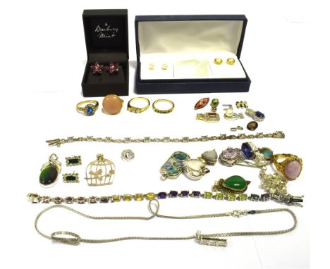 A QUANTITY OF GEM SET SILVER JEWELLERY  To include pendants, rings and bracelets set with boulder opal, amethyst, chrysoprase