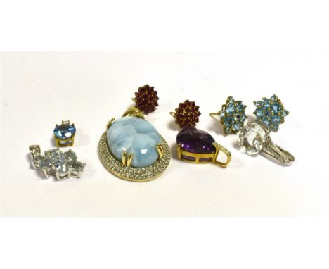 VARIOUS 9CT GOLD &amp; GEM SET JEWELLERY  To include; a 2.5cm long aquamarine pendant in white gold, 13.6mm diameter aquamari