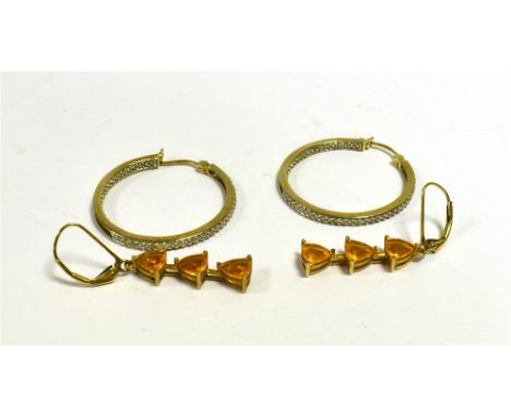 9CT GOLD DIAMOND &amp; FIRE OPAL EARRINGS  Diamond grain set hoops, 3.0cm diameter x 2.5mm wide.  Trilliant cut fire opal ear