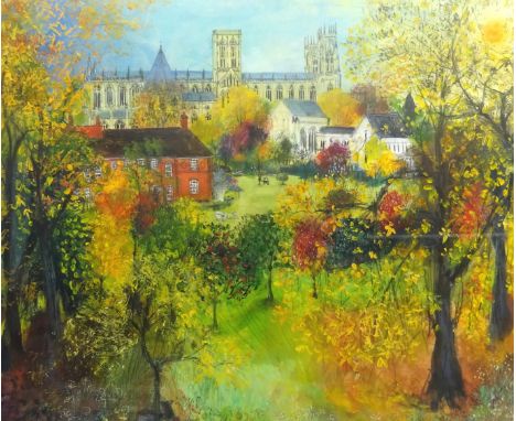 Selina Thorp (British 1968-): 'York Minster and Dean's Garden in Autumn', pastel and acrylic signed, titled verso 59cm x 71cm