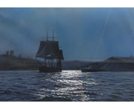 Gordon Ellis (British 1920-1978): 'Moonlight Departure - Arctic Whaler leaving Whitby', pastel signed, titled on the mount 35