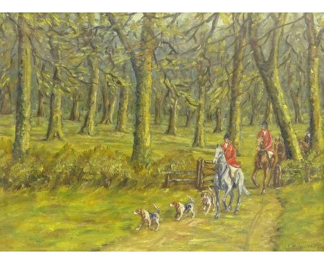I R Ullyott (British 20th century): 'Hunt in Lowthorpe Wood' and 'River Eamont Penrith', two oils on board signed, one dated 