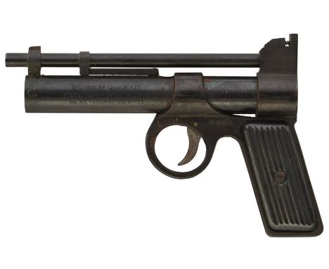 A PRE-WAR WEBLEY JUNIOR AIR PISTOL IN .177 CALIBRE, 16.5cm sighted barrel, stamped with the manufacturer's details to right t