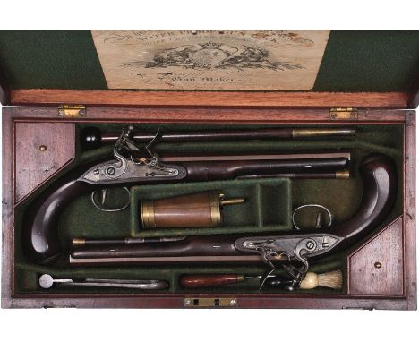 A CASED PAIR OF 25-BORE FLINTLOCK DUELLING PISTOLS BY ROBERT WOGDON, 9.5inch sighted octagonal rebrowned damascus barrels sig