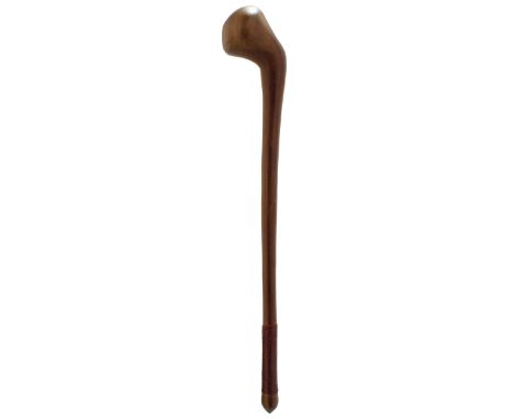 A ZULU KNOBKERRIE OR TRIBAL CLUB, 50cm over all length with 8cm bun-shaped head, slightly swelling foot with leather binding,