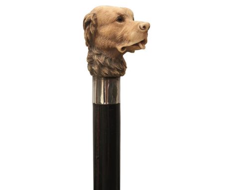 AN EARLY 20TH CENTURY WALKING STICK, the ivory pommel carved as the head of a dog (possibly a retriever) with glass eyes, sil