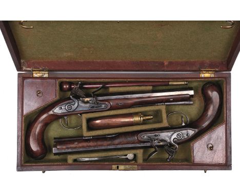 A CASED PAIR OF 25-BORE FLINTLOCK DUELLING PISTOLS BY ROBERT WOGDON, 9inch sighted octagonal barrels signed Wogdon London on 