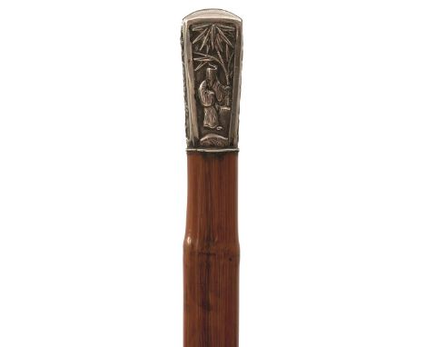 A LATE 19TH/EARLY 20TH CENTURY CHINESE SWORD STICK, the silver pommel embossed with a figure, Chinese characters and foliage 