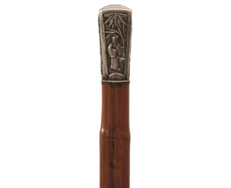 A LATE 19TH/EARLY 20TH CENTURY CHINESE SWORD STICK, the silver pommel embossed with a figure, Chinese characters and foliage 