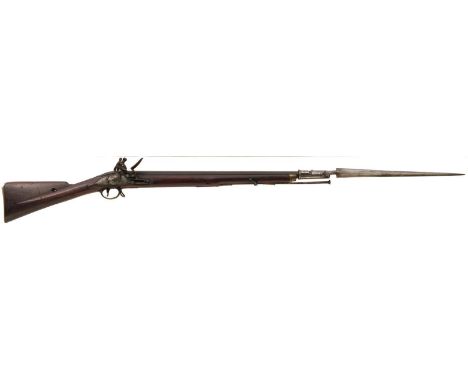 A SCARCE .750 CALIBRE FLINTLOCK INDIA PATTERN ARTILLERY OR CAVALRY CARBINE, 26inch sighted barrel, border engraved bevelled l