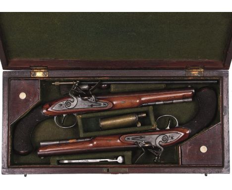 A CASED PAIR OF CRISP 32-BORE FLINTLOCK DUELLING PISTOLS BY WALLIS OF HULL, 9.25inch sighted barrels with traces of original 