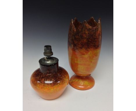 A Monart glass baluster lamp base, mottled tones of orange, yellow and brown, original label to base, 15.5cm high;  another, 