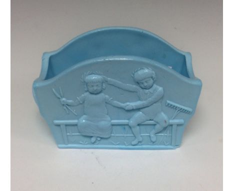 A Sowerby turquoise pressed glass flower trough depicting Walter Crane's Lavender Blue, Sowerby trademark, 7cm high, c.1880s