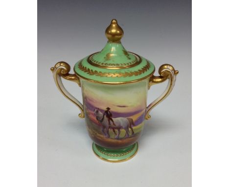 A Royal Doulton two-handled cabinet vase and cover, painted with a farmer astride a working horse in a summer landscape, sign