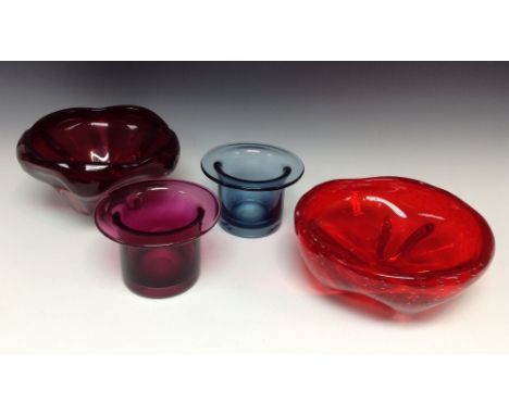 Whitefriars Glass - a bubble bowl, ruby red; another; a pair of Tophart vases (4)