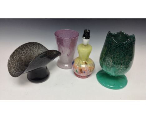 A Monart glass goblet lamp base, mottled tones of green, aquamarine, black and gold flecks, 24.5cm high;  a tapering cylinder