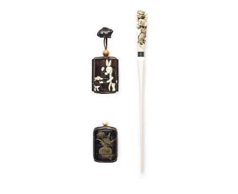 Three inro and an ivory paper knifeTaisho (1912-1926) or Showa (1926-1989) era, early/mid-20th centuryComprising: the first a