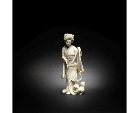 An ivory okimono of a bijin with a Chin dogBy Yukimasa, Meiji era (1868-1912), late 19th/early 20th centuryStanding and elega