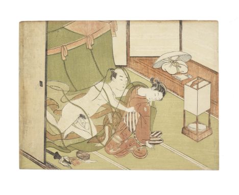 Attributed to Suzuki Harunobu (1725-1770)Edo period (1615-1868), circa late 1760sA chuban yoko-e shunga print depicting a nak