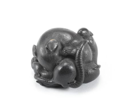 An ebony wood netsuke of a group of ratsBy Horaku, Kyoto, Edo period (1615-1868), 19th centuryComprising five rats of various