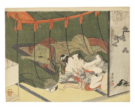 Suzuki Harunobu (1725-1770)Edo period (1615-1868), circa late 1760sA chuban yoko-e shunga print, depicting a brazen woman mak