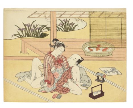 Attributed to Suzuki Harunobu (1725-1770)Edo period (1615-1868), circa late 1760sA chuban yoko-e shunga print, depicting a co