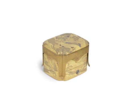 A gold-lacquer three-tiered stacking set of lobed boxes nestled within a tall four-legged stand-cum-coverMeiji era (1868-1912