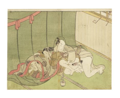 Attributed to Suzuki Harunobu (1725-1770)Edo period (1615-1868), circa late 1760sA chuban yoko-e shunga print depicting a cou