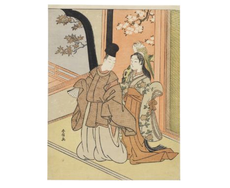 Suzuki Harunobu (1725-1770)Edo period (1615-1868), circa 1768A chuban print of a courtier with a lady, the couple standing in