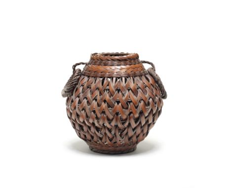 A bamboo ikebana ovoid basketBy Issai, probably Kanto region, Showa era (1926-1989), mid-20th centuryWoven chiefly in chrysan