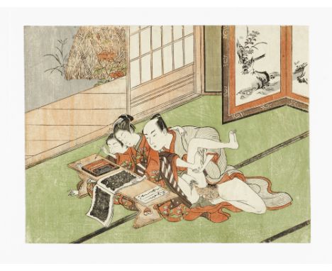 Kitao Shigemasa (1739-1820)Edo period (1615-1868), circa 1773A chuban yoko-e shunga print from an untitled series, depicting 