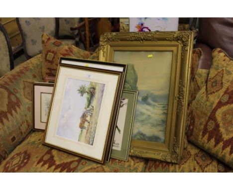 A pair of large gilt framed coloured prints depicting coastal scenes; an oriental print depicting a bird amongst foliage; a n