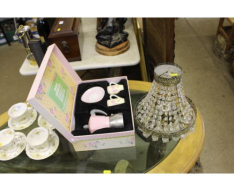 A vintage Espresso set; together with a glass and metal light fitting