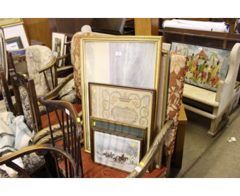 A framed and glazed sampler print; and various other prints 