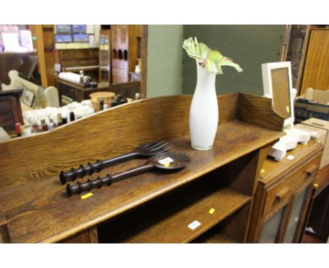 A carved wooden spoon and fork; together with an Art Glass vase 