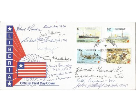 WW2 Multiple signed Battle of Britain, GC, VC signed 50th Ann cover. Liberia FDC 50th Anniv End of WW11 Signed by 11 all invo