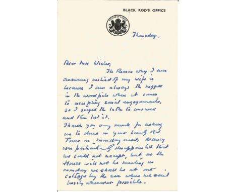 WW2 and Great War Sir Brian Horrocks DSO MC hand written letter on Black Rod notepaper to Brig Wieler replying to an invitati