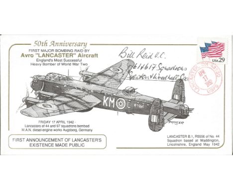 WW2 Lancaster Cover Signed Bill Reid Victor Cross Holder pilot 61 &amp; 617 Sqn. 17 Apr 1992 Lancaster USPS Postmark. 50th An
