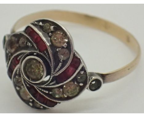 Yellow metal ruby and peridot ring size N 