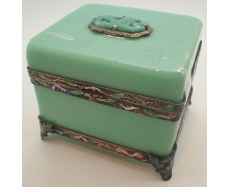 Oriental enamel jade box A/F CONDITION REPORT: One higne is broken on the box.