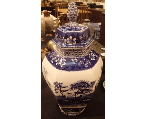 Spode Blue Tower pattern lidded hexagonal pot