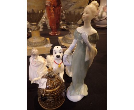 Collection of three Royal Doulton figurines Lorna Sit Buddies and a Disney dog and a ceramic beehive honey pot 