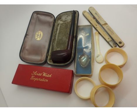 Box of mixed items including ivorine napkin rings pipe etc 