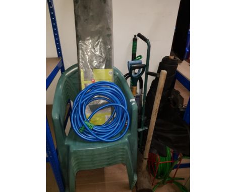 6 GREEN PLASTIC STACKING CHAIRS ASSORTMENT OF GARDEN TOOLS AND A MINI ALLOTMENT PLANTER ETC