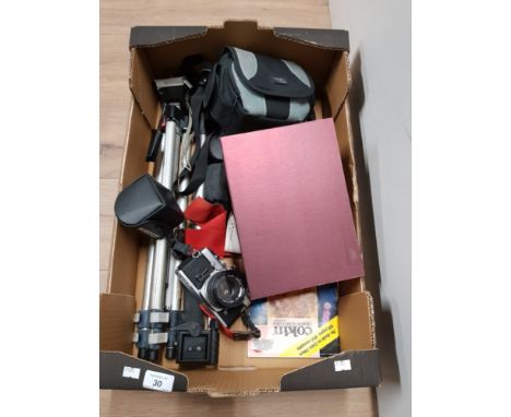 BOX CONTAINING OLYMPUS CAMERA AND TRIPOD WITH ACCESSORIES